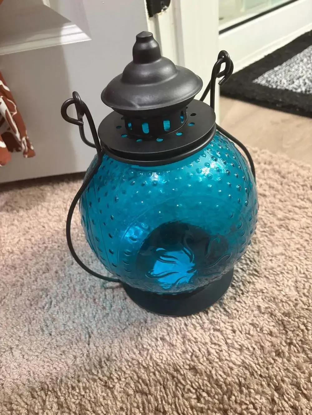 Vintage Style Teal Blue Embossed Round Glass Hanging Candle Lantern